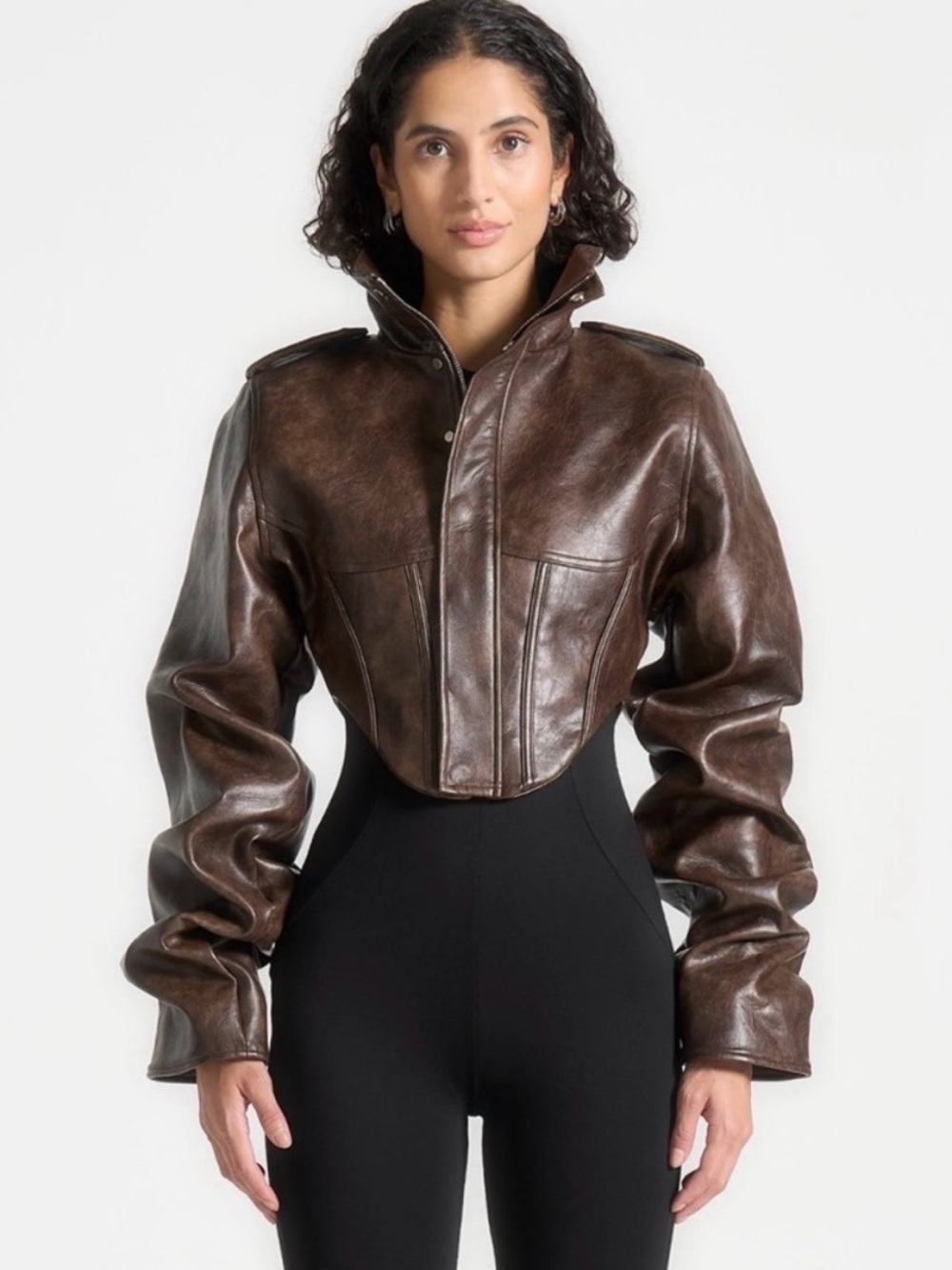 Maniere De Voir Solange Cropped Brown Leather Jacket